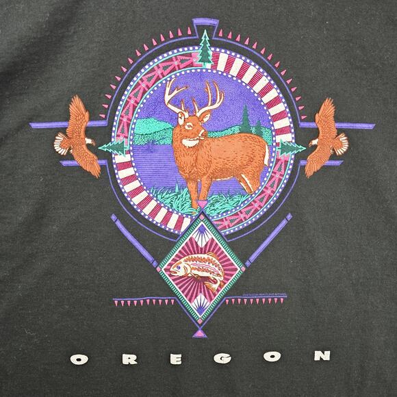 Vintage Heartland Apparel Oregon Shirt XL Black Deer Nature Puff Paint Aztec 90s - Picture 2 of 9